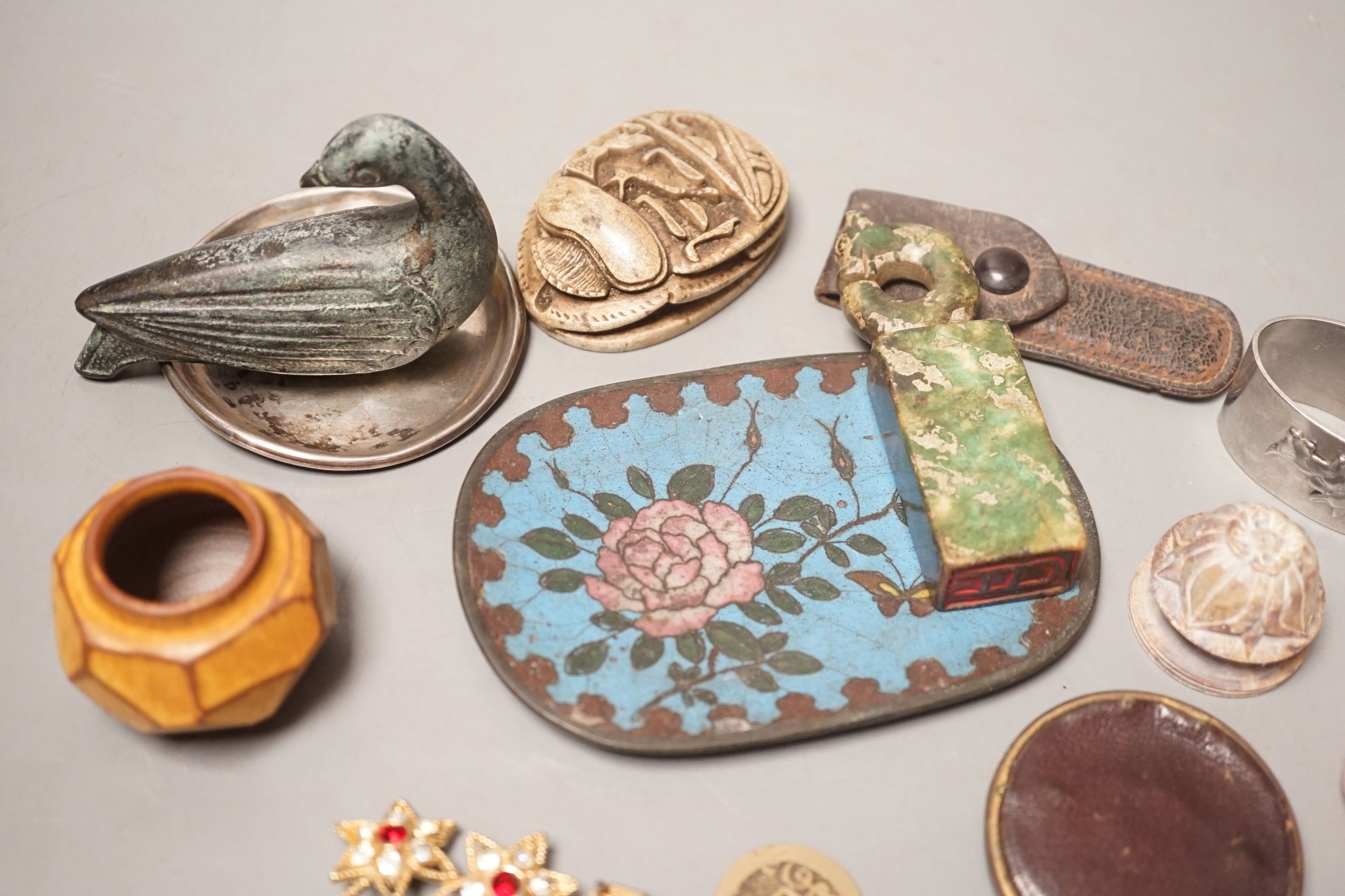 A group of miscellaneous objects to include Chinese coins, Brevete case, blue enamel plate, 12cm, and other items